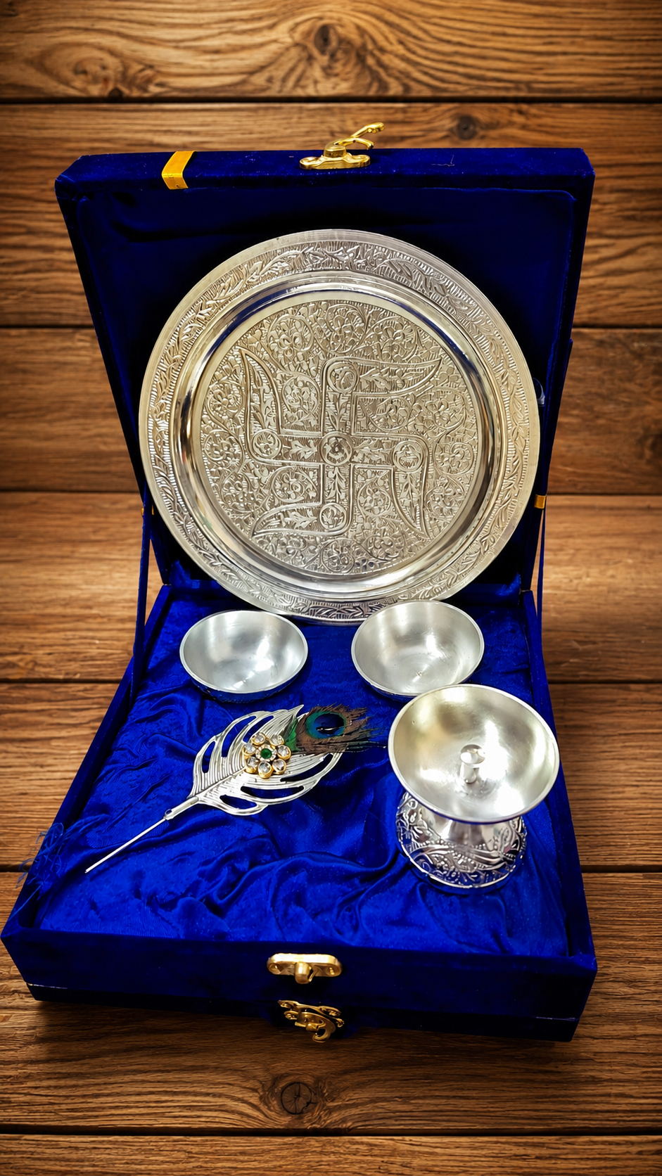 GERMAN SILVER SWASTIK POOJA SET - Image 2