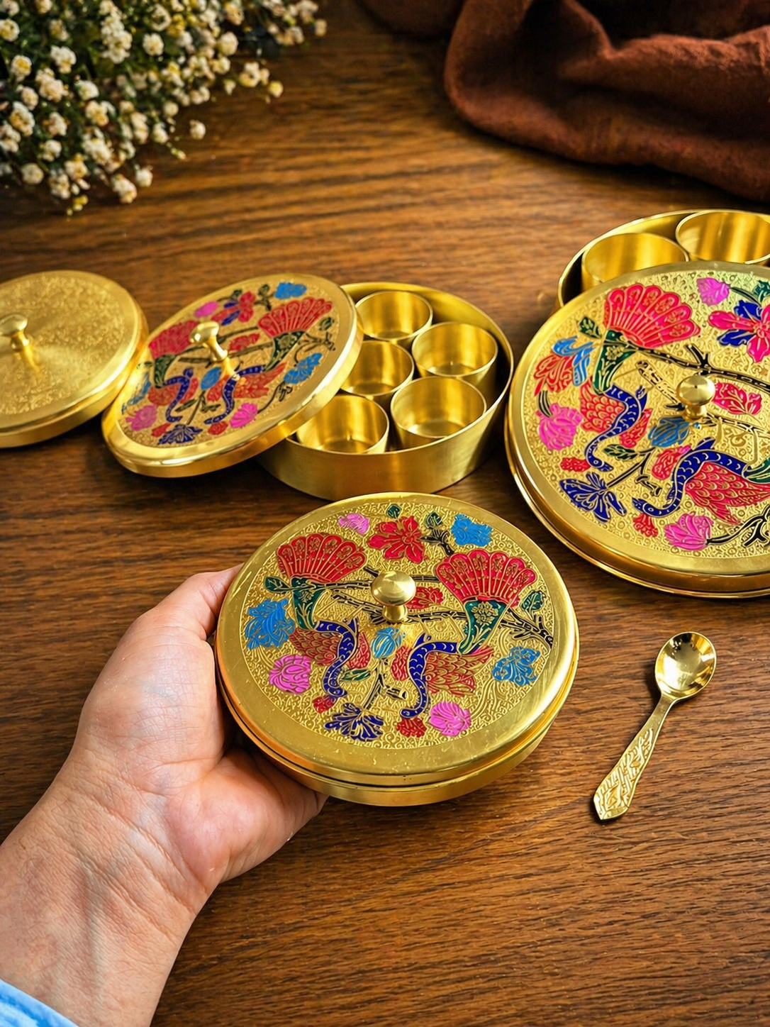pure Brass Peacock Masala Box 5 inch - Image 3