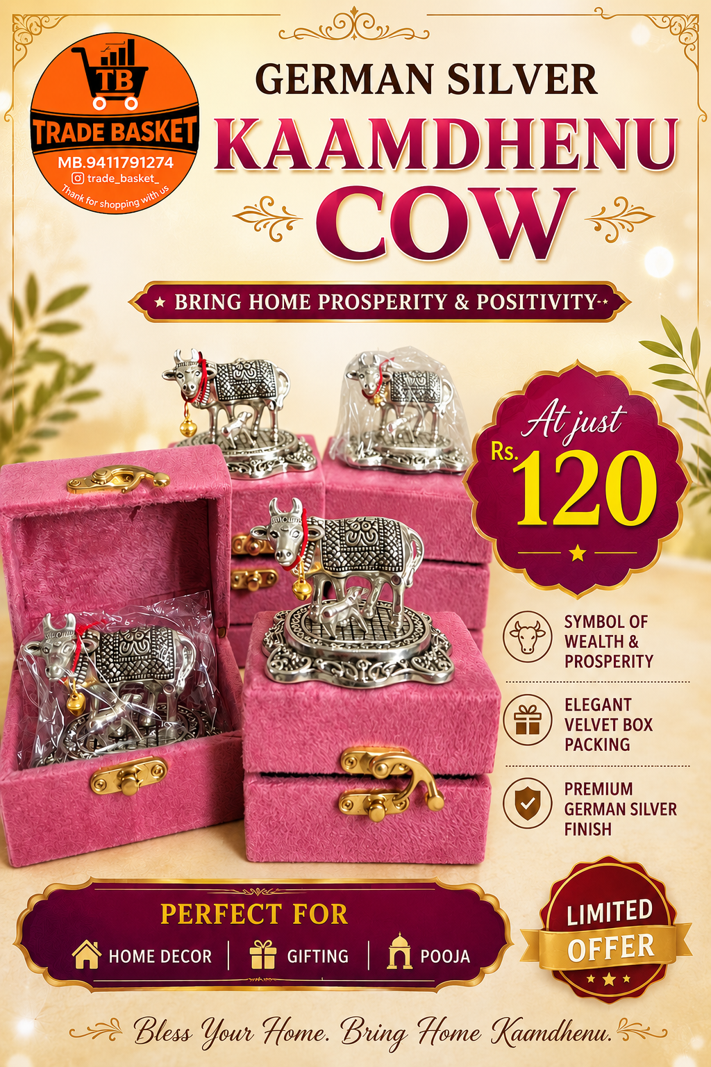 German Silver Kaamdhenu Cow
