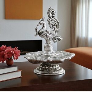 Silver Peacock Oil Lamp, 5-Diya