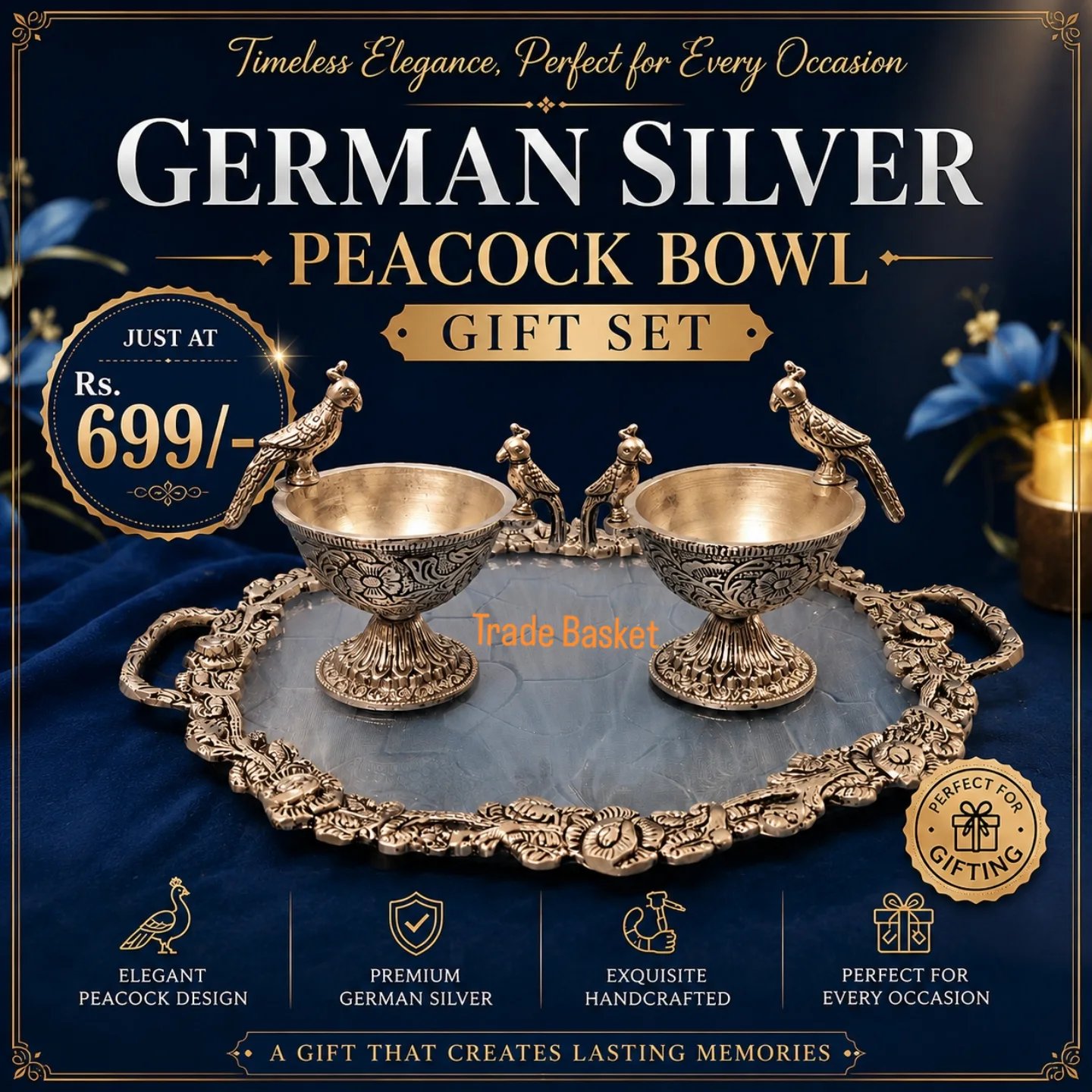 German Silver Peacock Bowl Set