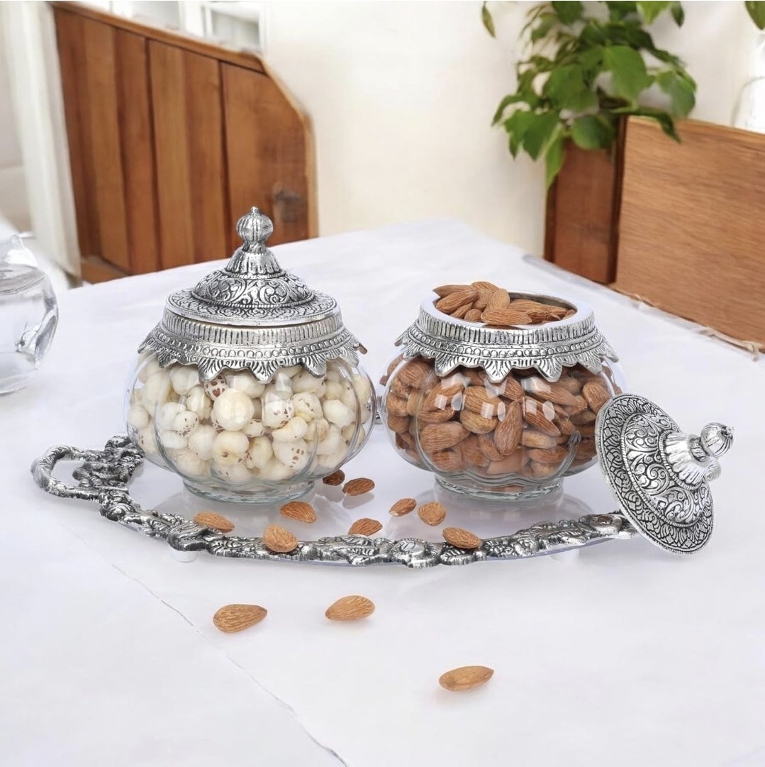 Decorative Glass Jar Set with German Silver 2 Storage Containers - Image 2