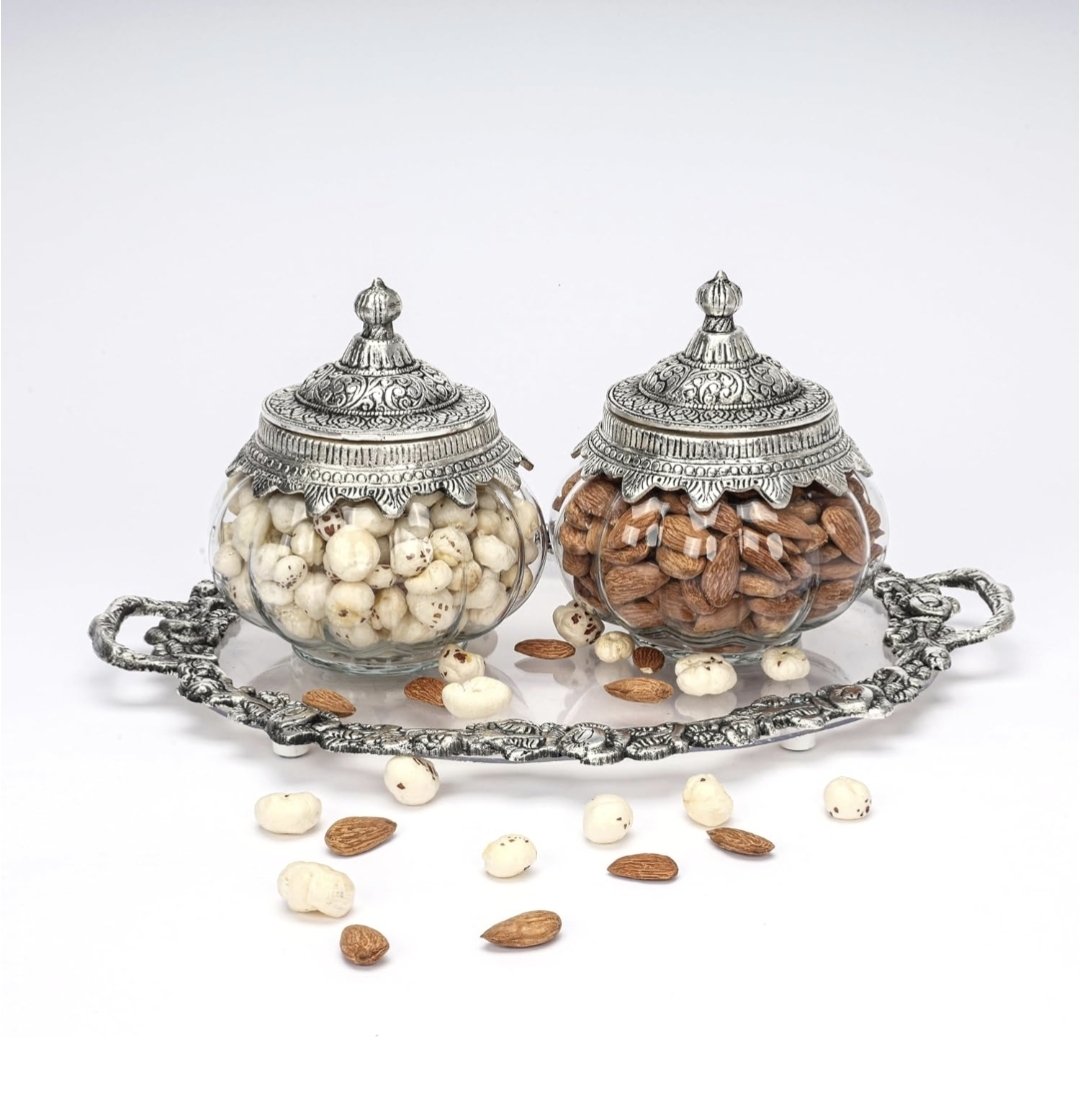 Decorative Glass Jar Set with German Silver 2 Storage Containers