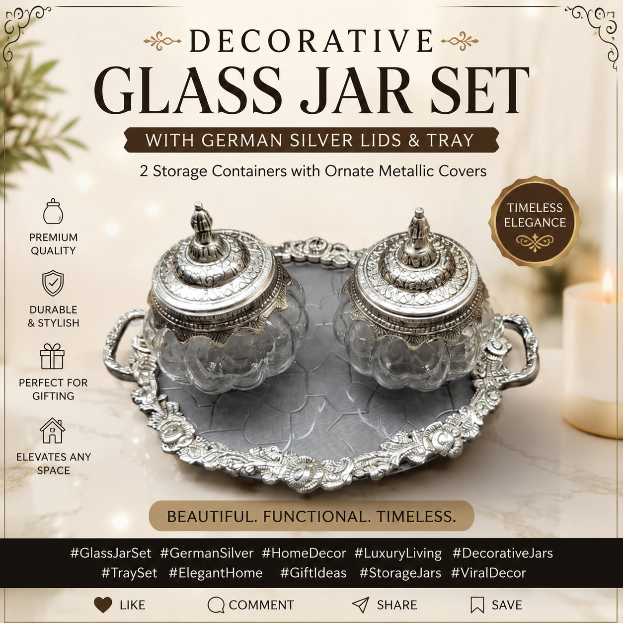 Decorative Glass Jar Set with German Silver 2 Storage Containers - Image 4