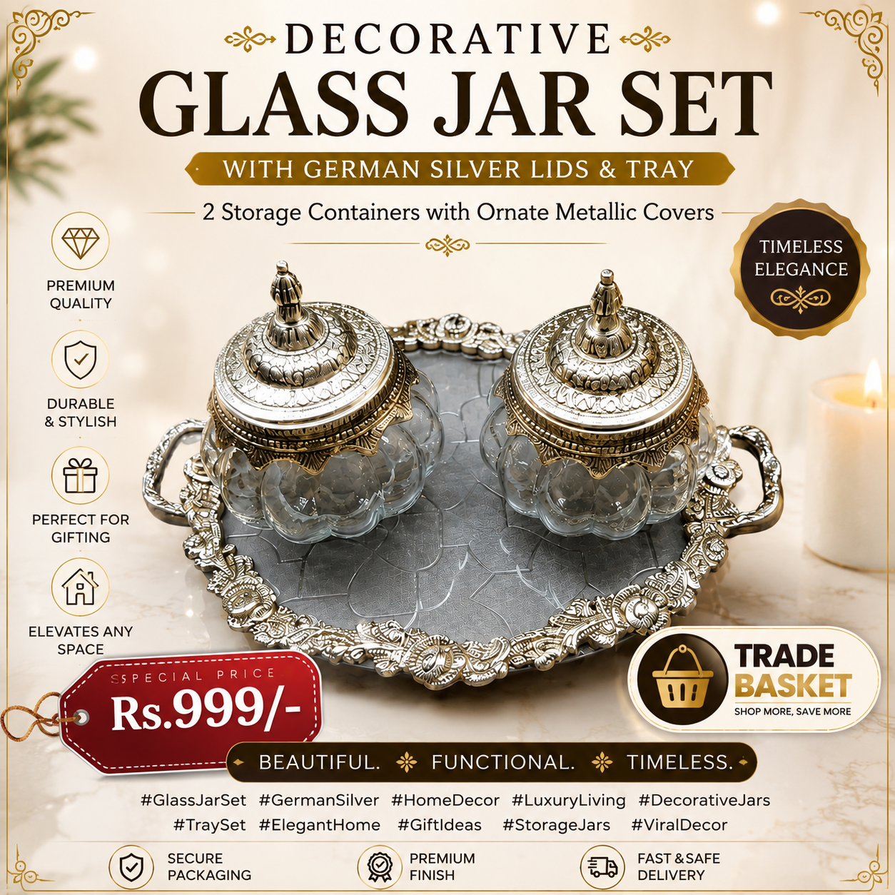 Decorative Glass Jar Set with German Silver 2 Storage Containers - Image 3