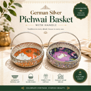 German Metal Pichwai Tray with handle – 8x8 Inch | Silver-Plated
