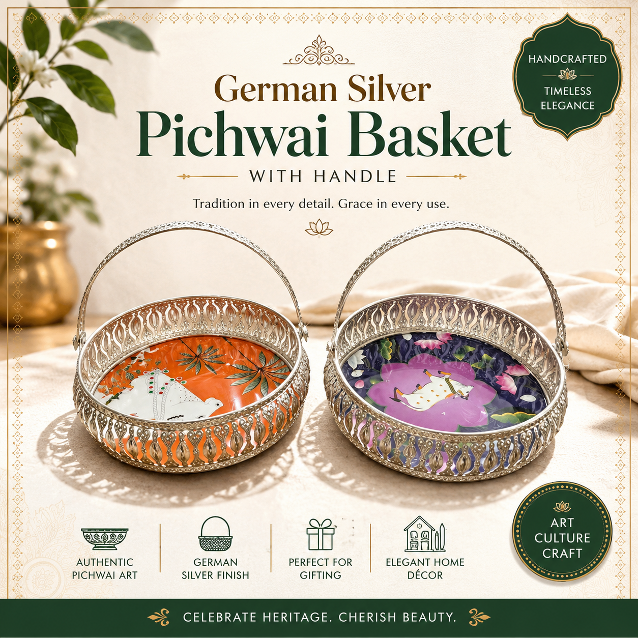 German Metal Pichwai Tray with handle – 8x8 Inch | Silver-Plated