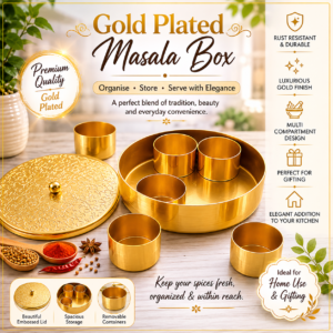 Gold-Plated Metal Masala Box Set with 7 Containers, Decorative Floral Lid, Round Shape