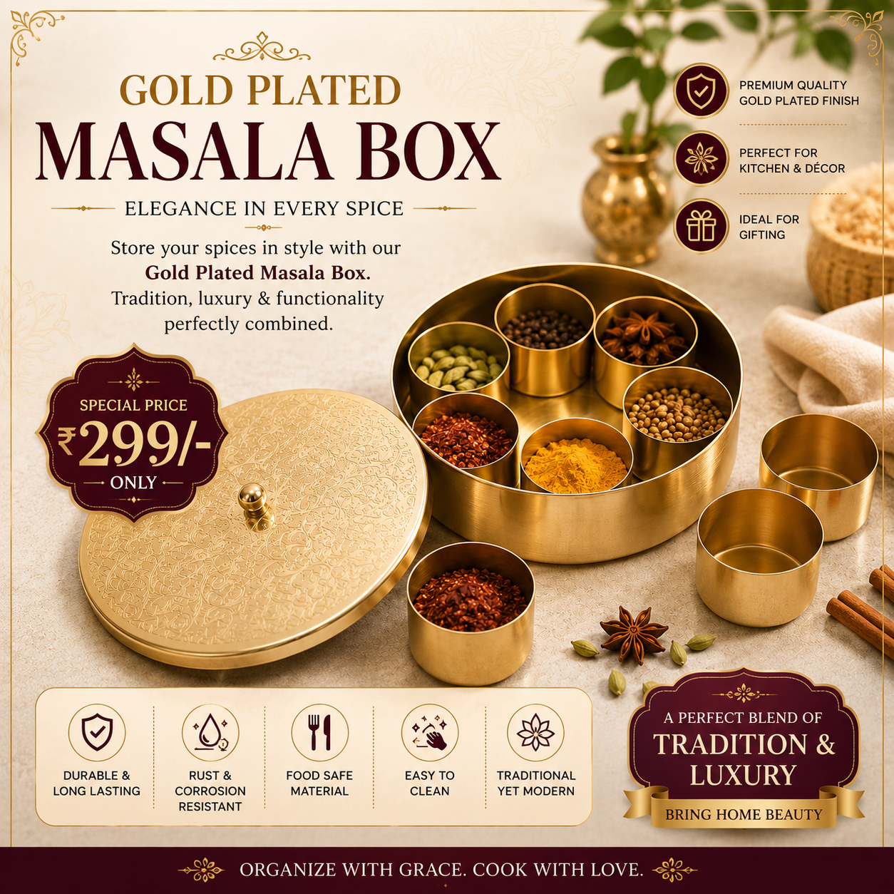 Gold-Plated Metal Masala Box Set with 7 Containers, Decorative Floral Lid, Round Shape - Image 2