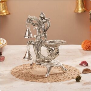 Puja Room Oil Lamp in Peacock Design with Bell in Silver
(Silver Metal, Pack of 1 Pcs)