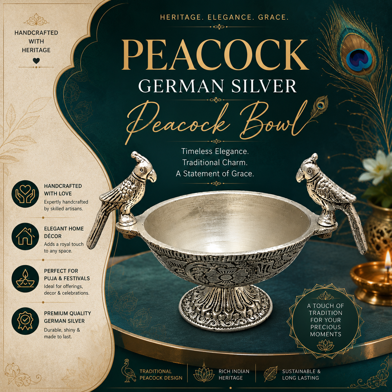 German Silver Peacock Bowl