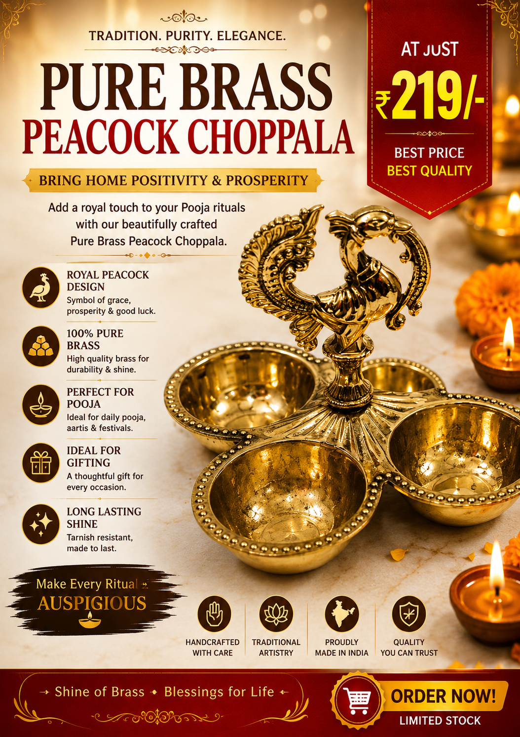 Pure Brass Peacock Choppala - Image 3