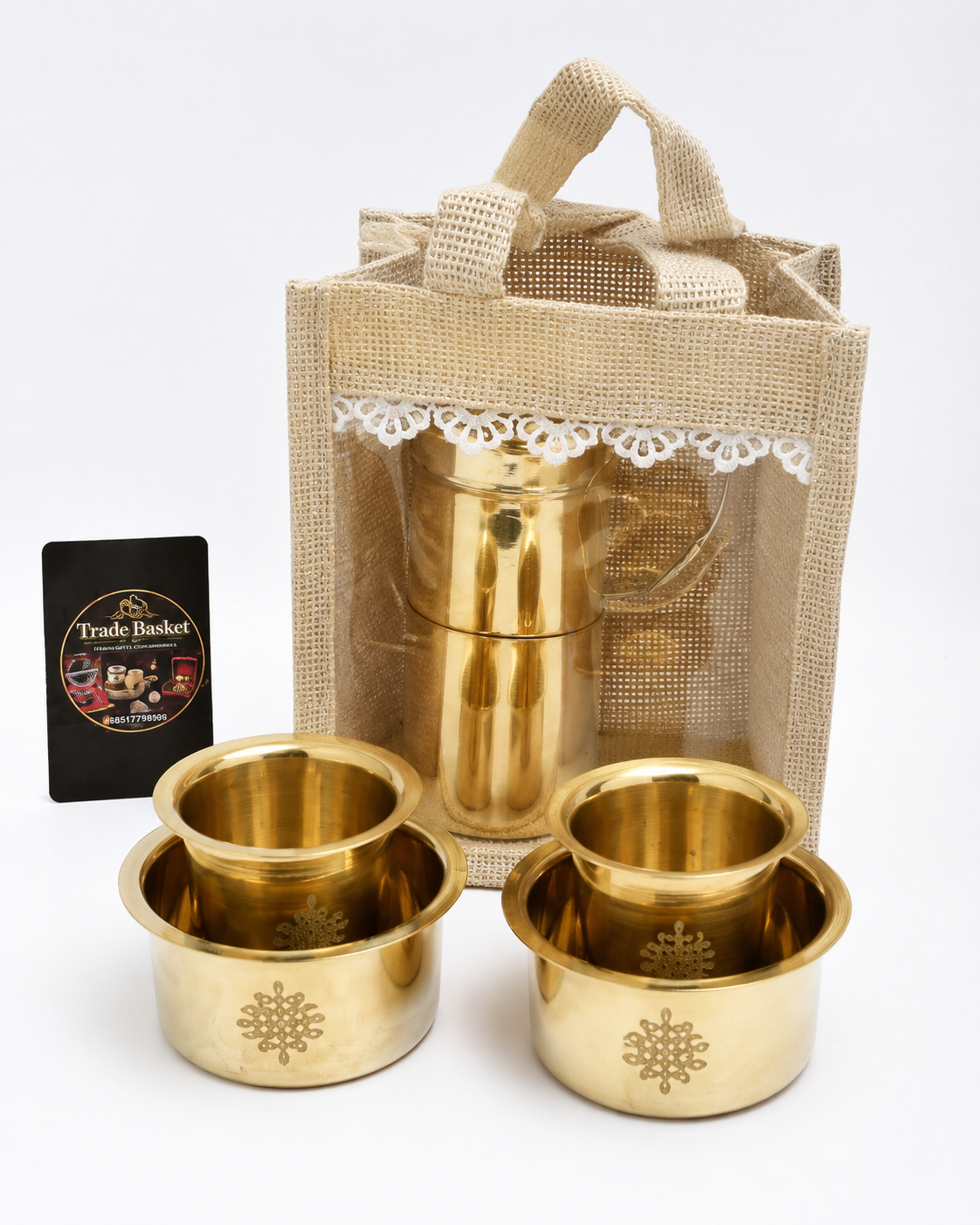 Pure Brass Dabra Set with Jute Bag - Image 2